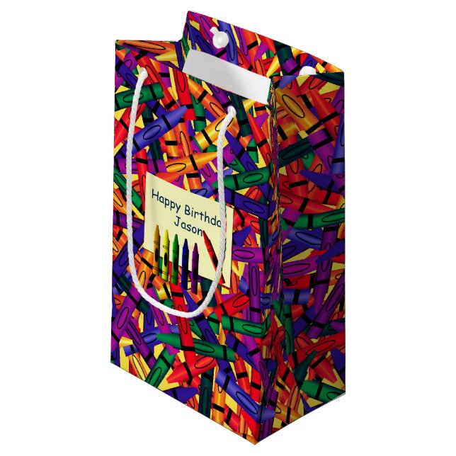 Kids Birthday Crayon Custom Name Small Gift Bag (Front Angled)