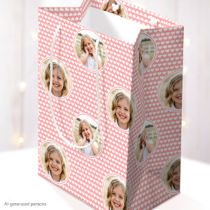 Kids Birthday Custom Photo Apricot Pink Hearts Medium Gift Bag
