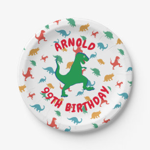 kids Birthday Dinosaur T Rex Colorful Custom Name Paper Plate