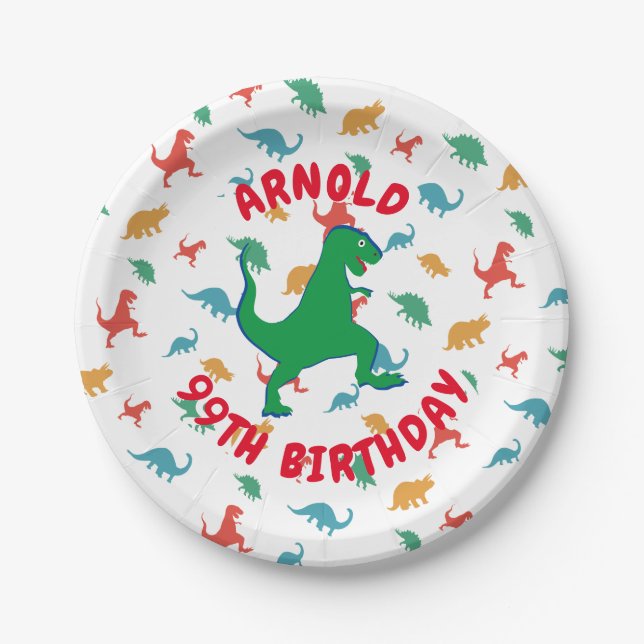 kids Birthday Dinosaur T Rex Colourful Custom Name Paper Plate (Front)