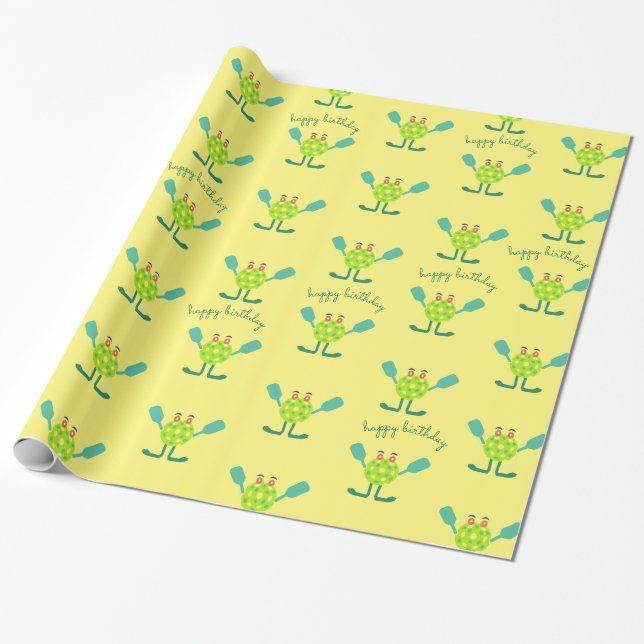 Kids Birthday Funny Pickle-ball Wrapping Paper (Unrolled)