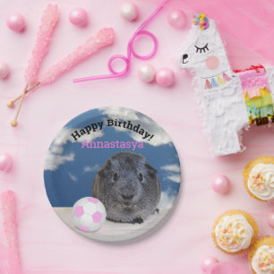 Kids Birthday Guinea Pig Pink Soccer Ball Paper Plate