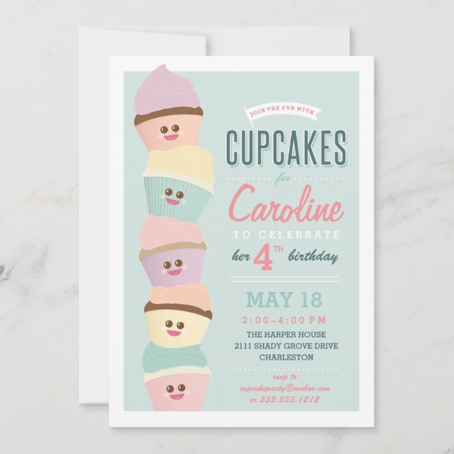Kids Birthday Invitation *Cupcake Party* Pastel (Front)