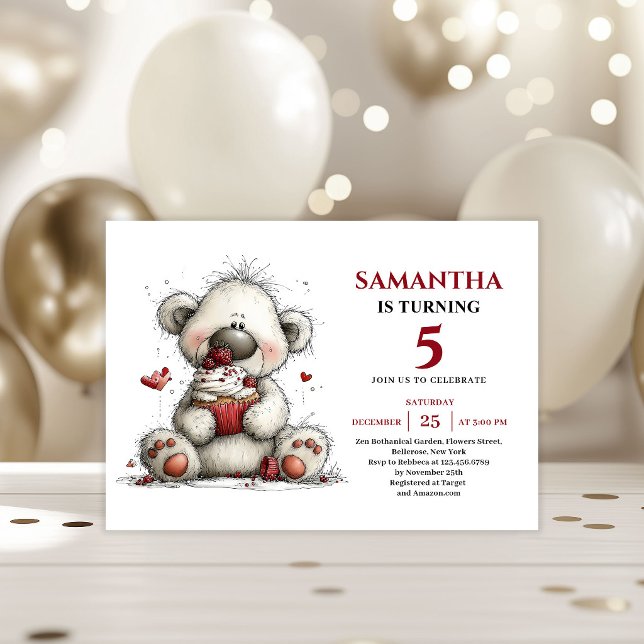 Kids Birthday Invitation Whimsical Teddy Bear (Modern Whimsical animals Party Art kids birthday invitation)