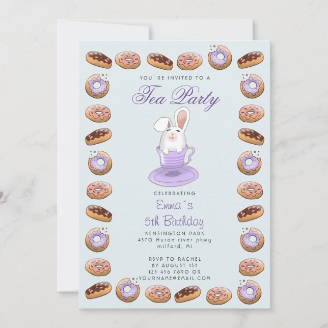 Kids birthday invitation with doughnuts and bunny (Front)