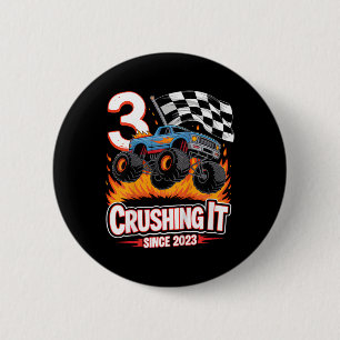 Kids Birthday Monster Truck 3 Year Old Boys 3rd Pa 2 Inch Round Button