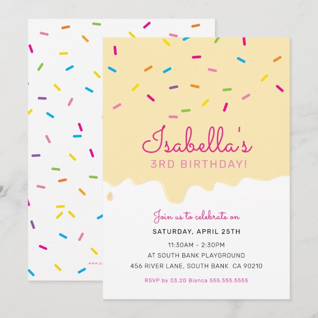 KIDS BIRTHDAY PARTY cake drips sprinkles yellow Invitation (Front/Back)