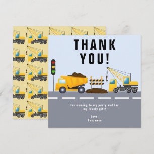 Kid's Birthday Party Construction Truck Thank You Card