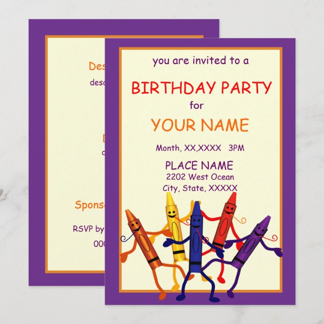 Kids Birthday Party Crayon Design Invitation (Front/Back)