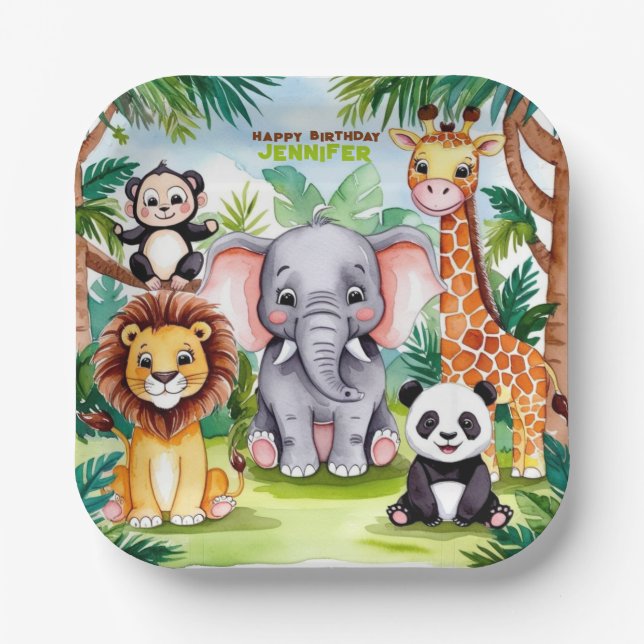 Kids Birthday Party Cute Animals Safari Jungle  Paper Plate (Front)