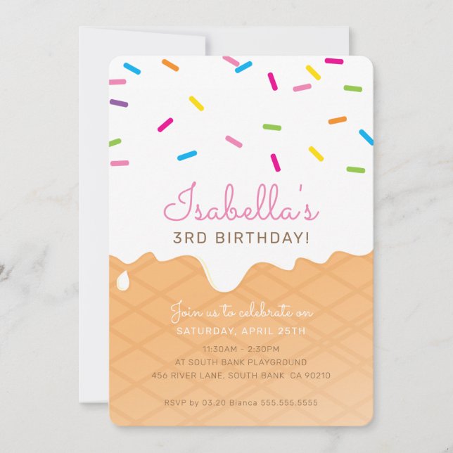 KIDS BIRTHDAY PARTY ice cream cone pink sprinkles Invitation (Front)