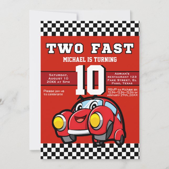 Kids birthday party invitation: Two fast, car, QR Invitation (Front)