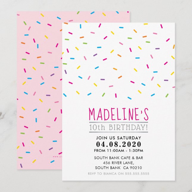 KIDS BIRTHDAY PARTY INVITE  colourful sprinkles (Front/Back)
