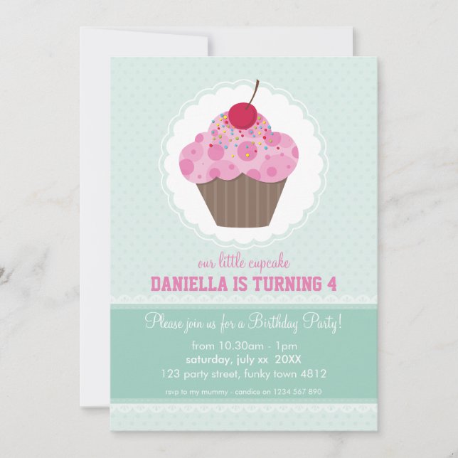 KIDS BIRTHDAY PARTY INVITE cute cupcake design (Front)