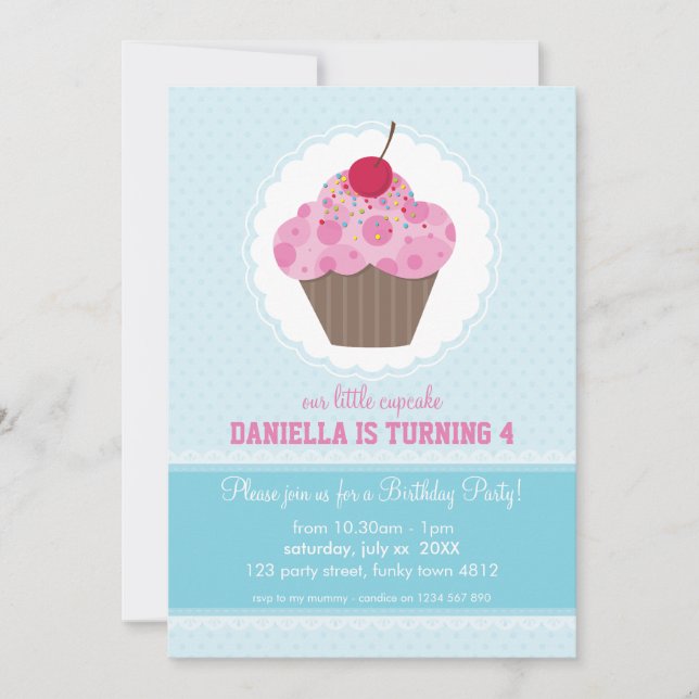 KIDS BIRTHDAY PARTY INVITE cute cupcake design (Front)