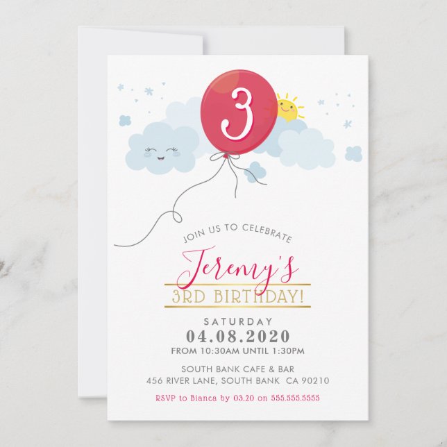 KIDS BIRTHDAY PARTY INVITE cute red balloon clouds (Front)