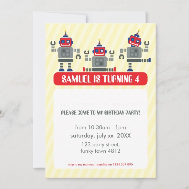 KIDS BIRTHDAY PARTY INVITE modern robot trio (Front)