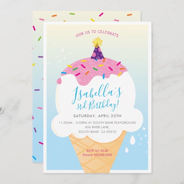 KIDS BIRTHDAY PARTY INVITE retro ice-cream cone (Front/Back)
