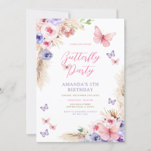 Kids Birthday Pink Purple Butterflies Invitation