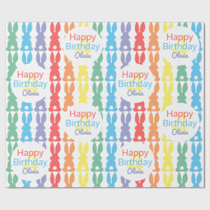 Kids Birthday Rainbow Bunny Pattern Personalized Wrapping Paper