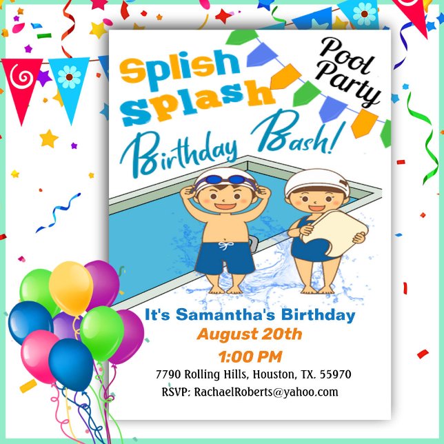Kid's Birthday Splish Slash Birthday Pool Party In Invitation (Creator Uploaded)