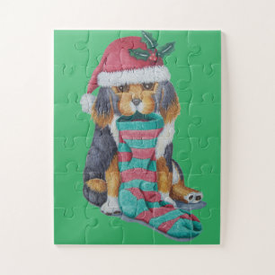 kids black and brown puppy dressed for christmas jigsaw puzzle