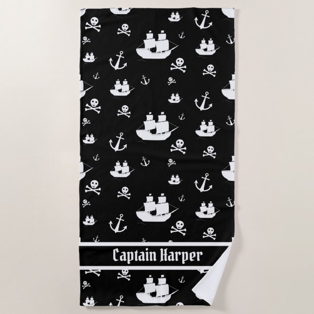 Kids Black Personalized Anchor Pirate Beach Towel (Front)