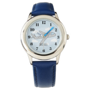 Kids Blue Airplane Cartoon and Name Boys Watch