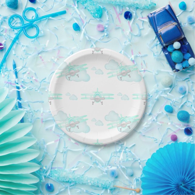 Kids Blue Airplane Flying Aviation Birthday Paper Plate (Party)