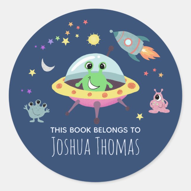Kids Blue Alien Monster Space Boys Bookplate Classic Round Sticker (Front)