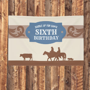 Kids Blue/Brown Western Theme Birthday Party Banner