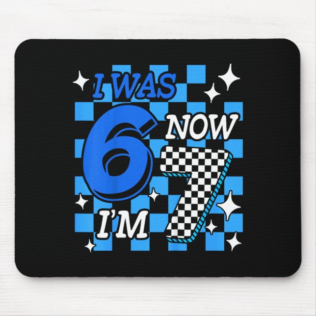 Kids Blue Checkered I Was 6 Now I'm 7 Birthday Boy Mouse Pad (Front)