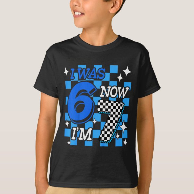 Kids Blue Checkered I Was 6 Now I'm 7 Birthday Boy T-Shirt (Front)