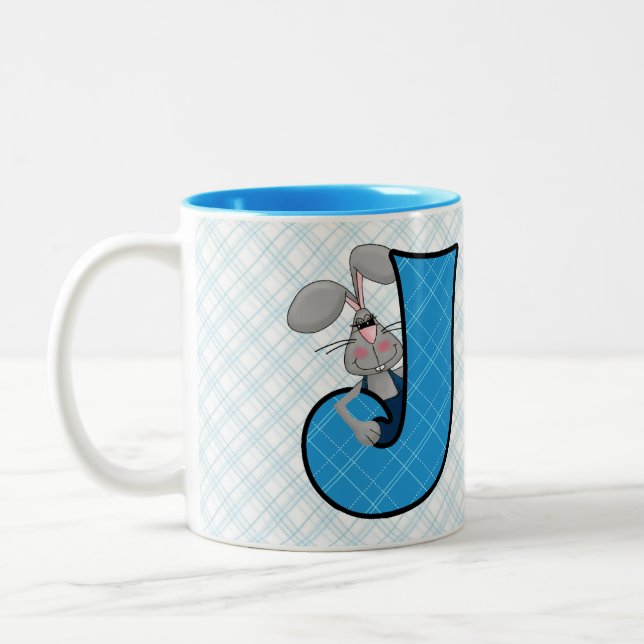 Kids Blue Jackrabbit Monogram Letter J and Name Two-Tone Coffee Mug (Left)