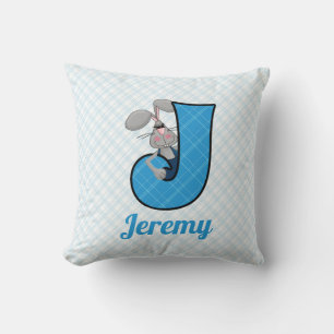Kid's Blue Jackrabbit Monogram Letter J Throw Pillow