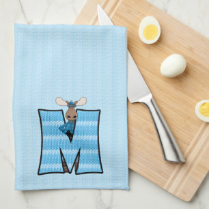 Kid's Blue Knit Print Monogram Letter M Kitchen Towel