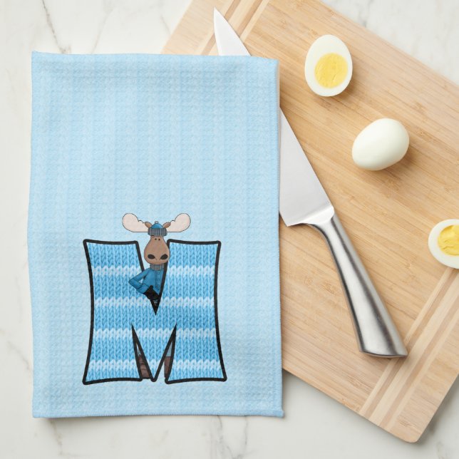 Kid's Blue Knit Print Monogram Letter M Kitchen Towel (Quarter Fold)