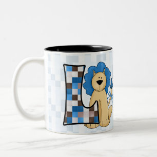 Kids Blue Lion Monogram Big Letter L with Name Two-Tone Coffee Mug