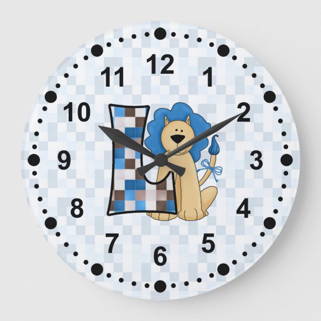 Kids Blue Lion Patchwork Mongoram Letter L Large Clock (Front)
