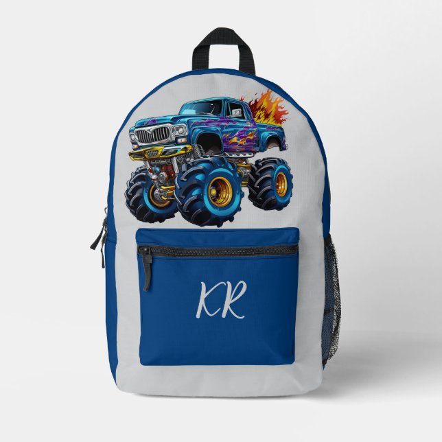 Kids Blue Monster Truck Orange Flames Initials Printed Backpack (Front)