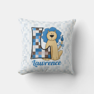 Kids Blue Patchwork Lion Monogram Letter L Throw Pillow