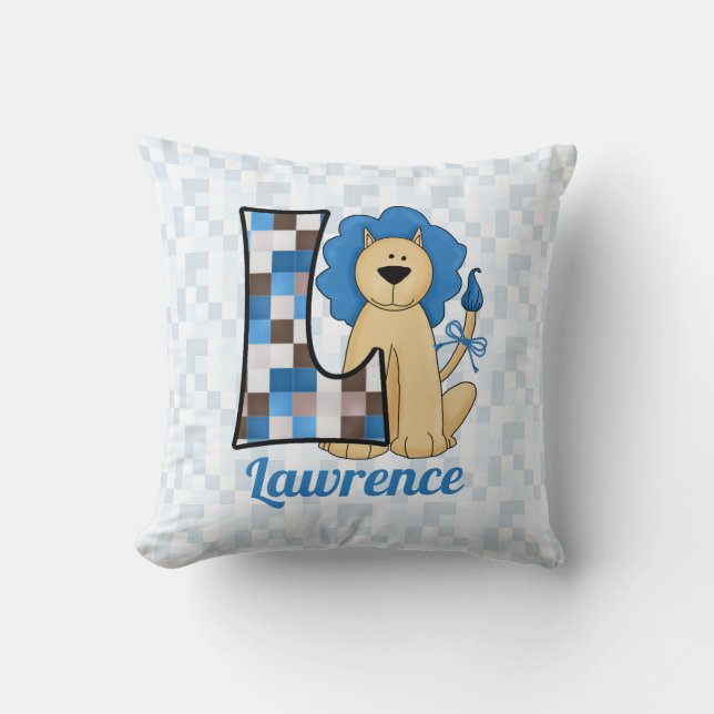 Kids Blue Patchwork Lion Monogram Letter L Throw Pillow (Front)