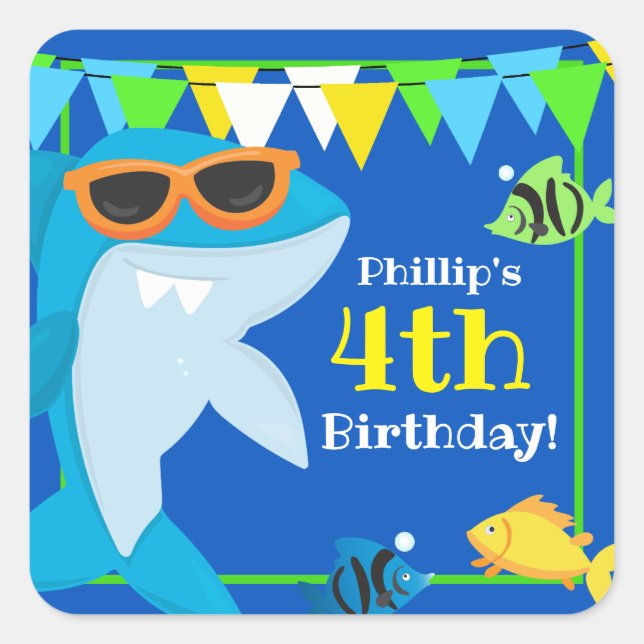 Kids Blue Shark Fintastic Birthday  Square Sticker (Front)