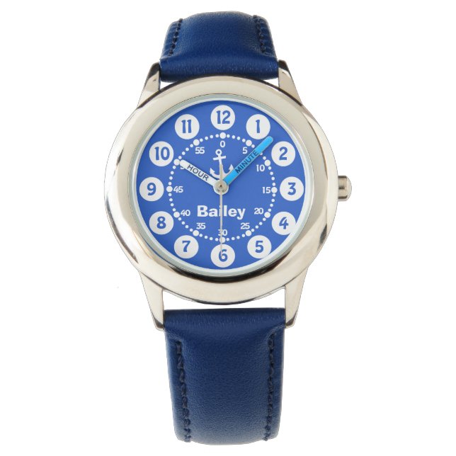 Kids blue & white anchor name wrist watch (Front)