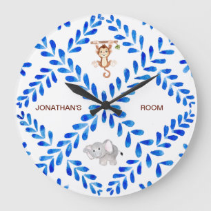 Kid's Blue & White Monkey Elephant Custom Name Large Clock