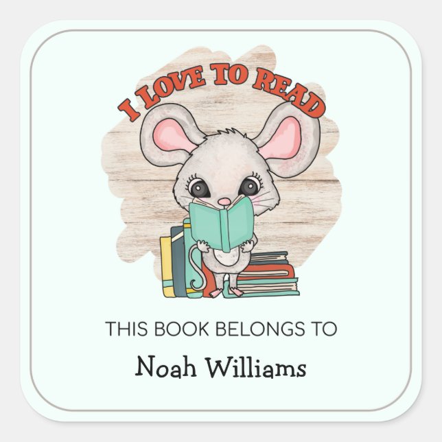 Kids Book Mouse Personalized Bookplates Square Sticker (Front)