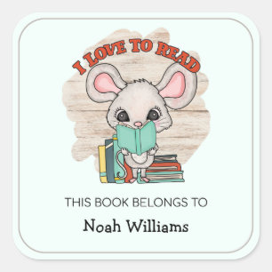 Kids Book Mouse Personalized Bookplates Square Sticker