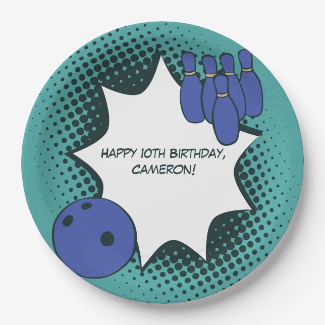 Kids Bowling Party Happy 10th Birthday Name Paper Plate (Front)