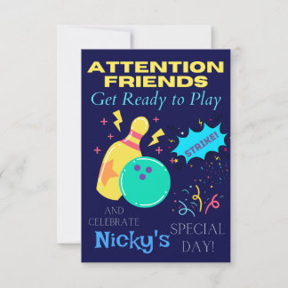Kids Bowling Themed Birthday Party Invitations
