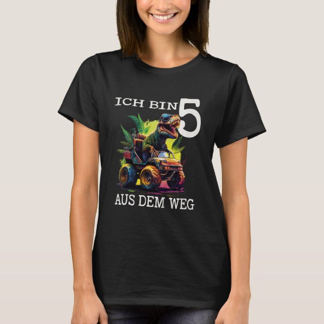 Kids Boys Birthday Dino Monster Truck Ich bin 5 Ja T-Shirt (Front)